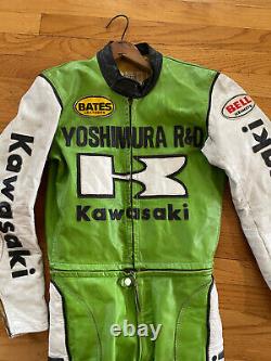 Vintage Bates Yoshimura R&D Kawasaki two piece road racing leathers flat track